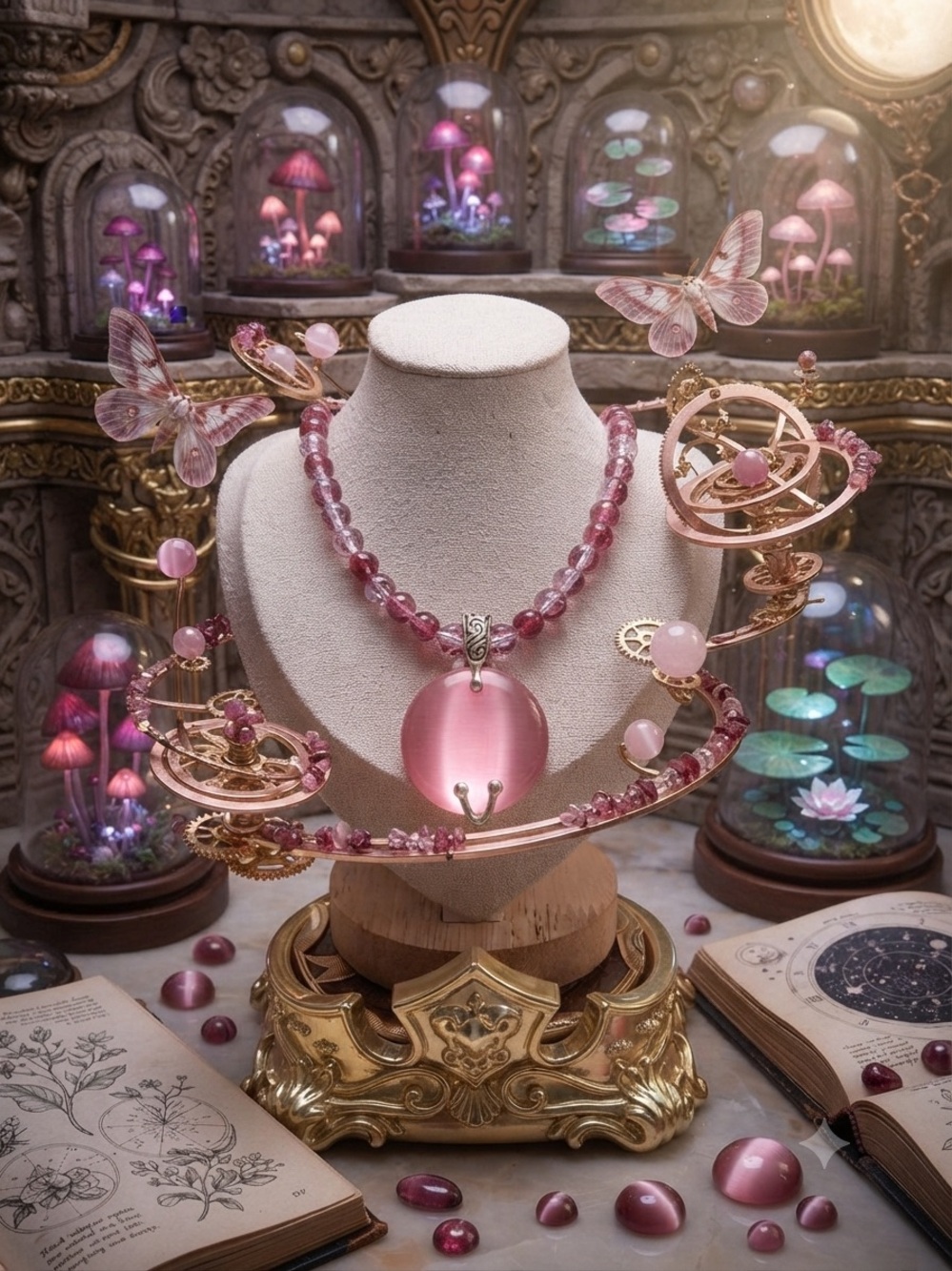 One of a kind Pink Glass Orb Pendant Necklace with glass Beads/ vintage Statemet